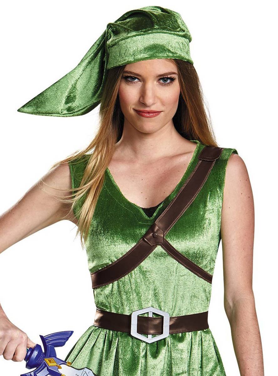 Teen Girl's Deluxe Green Velvet Legend of Zelda Link Costume - Close Up View