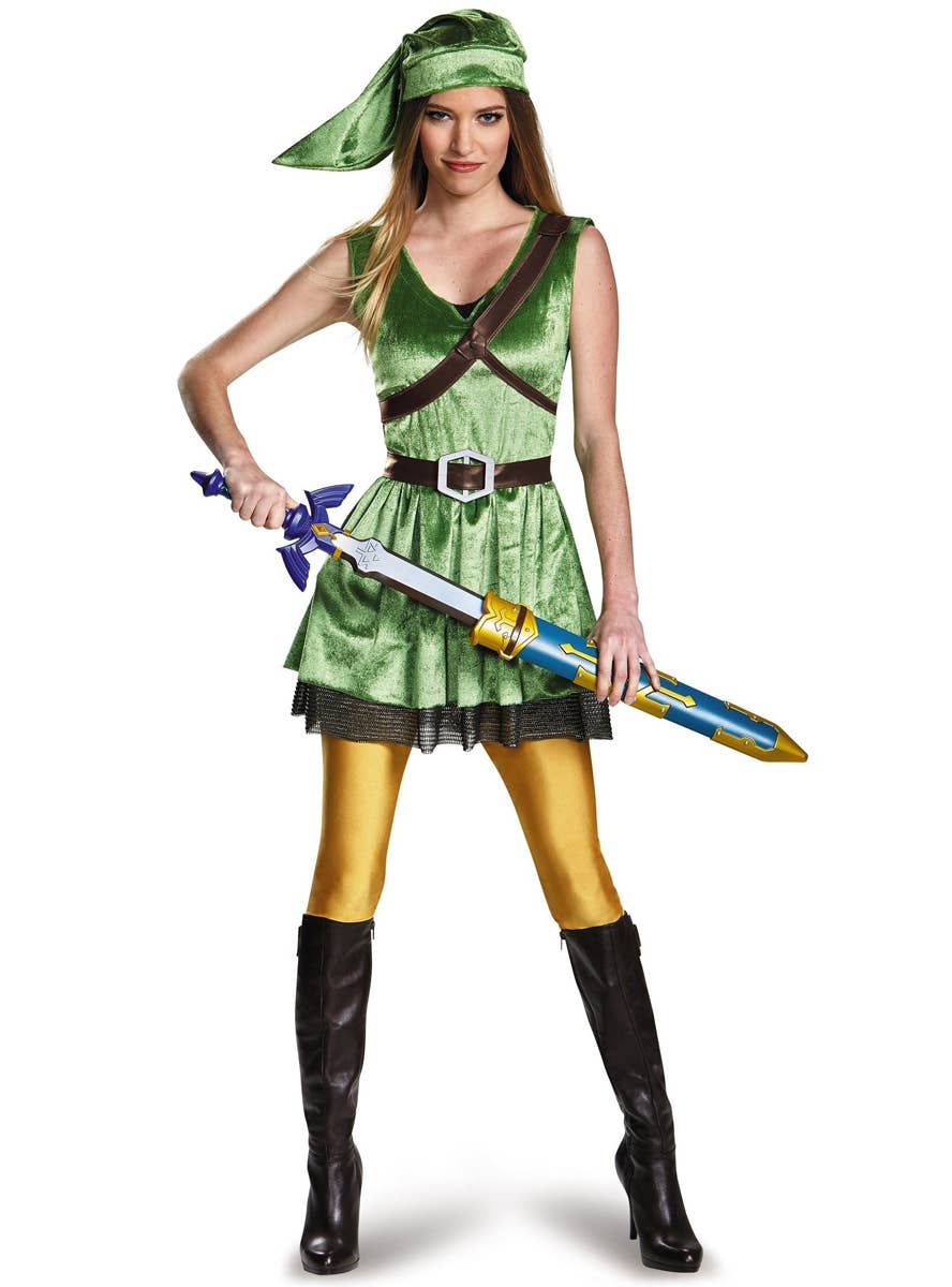 Teen Girl's Deluxe Green Velvet Legend of Zelda Link Costume - Main View