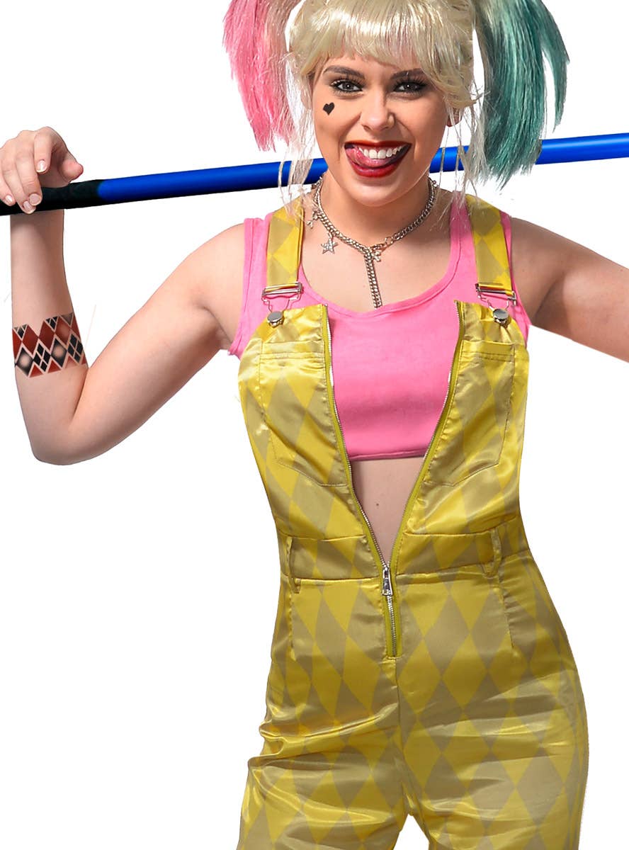 Teen Girl's Birds of Prey Harley Quinn Yellow Overalls Costume Close Up Image
