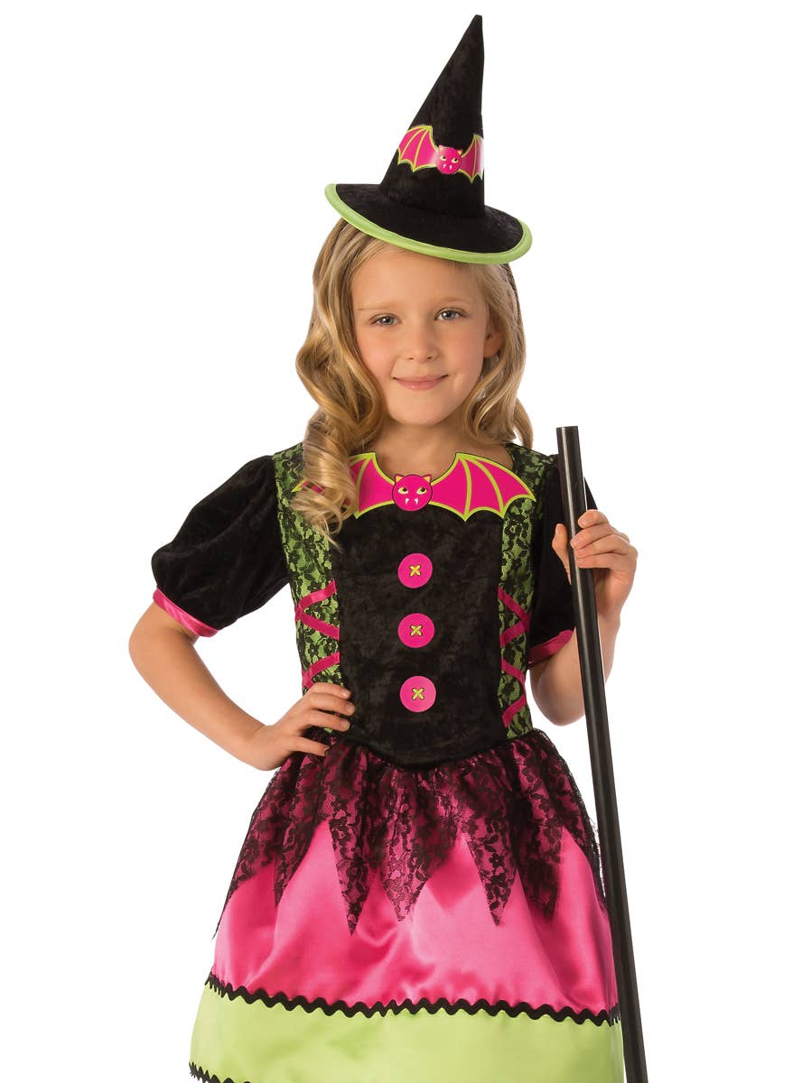 Bright Pink and Green Girl's Witch Halloween Costume - Close Image
