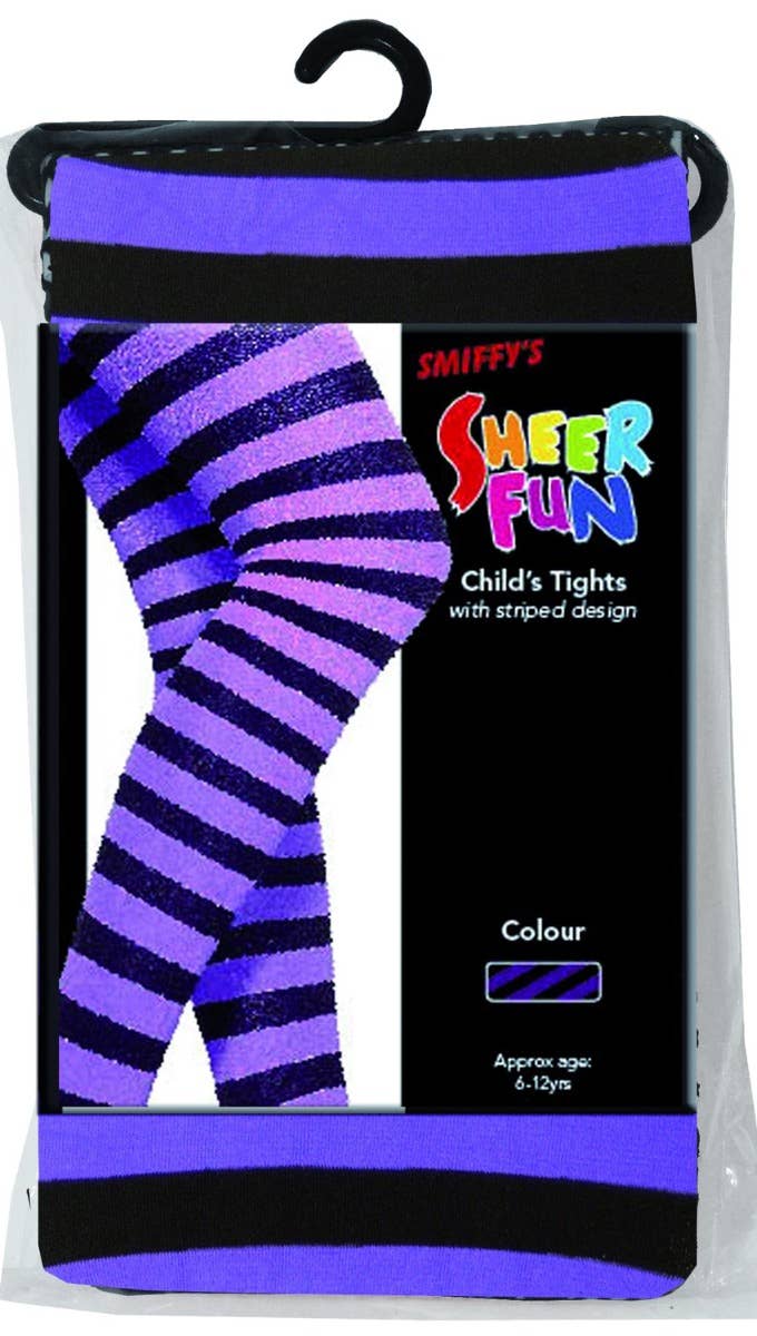 Girls Purple and Black Striped Opaque Full Length Stockings Packaging Image