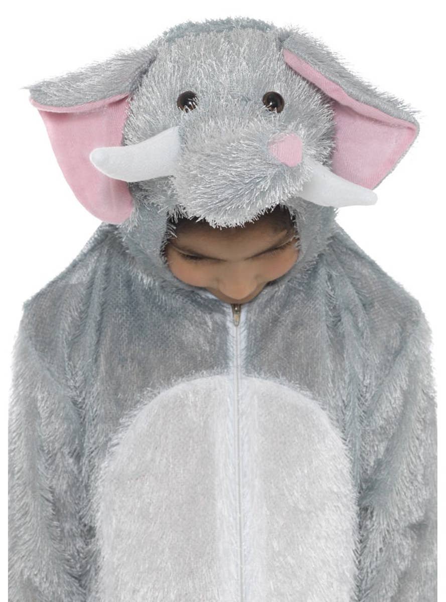 Kid's Fuzzy Grey Elephant Animal Onesie Costume Hood View
