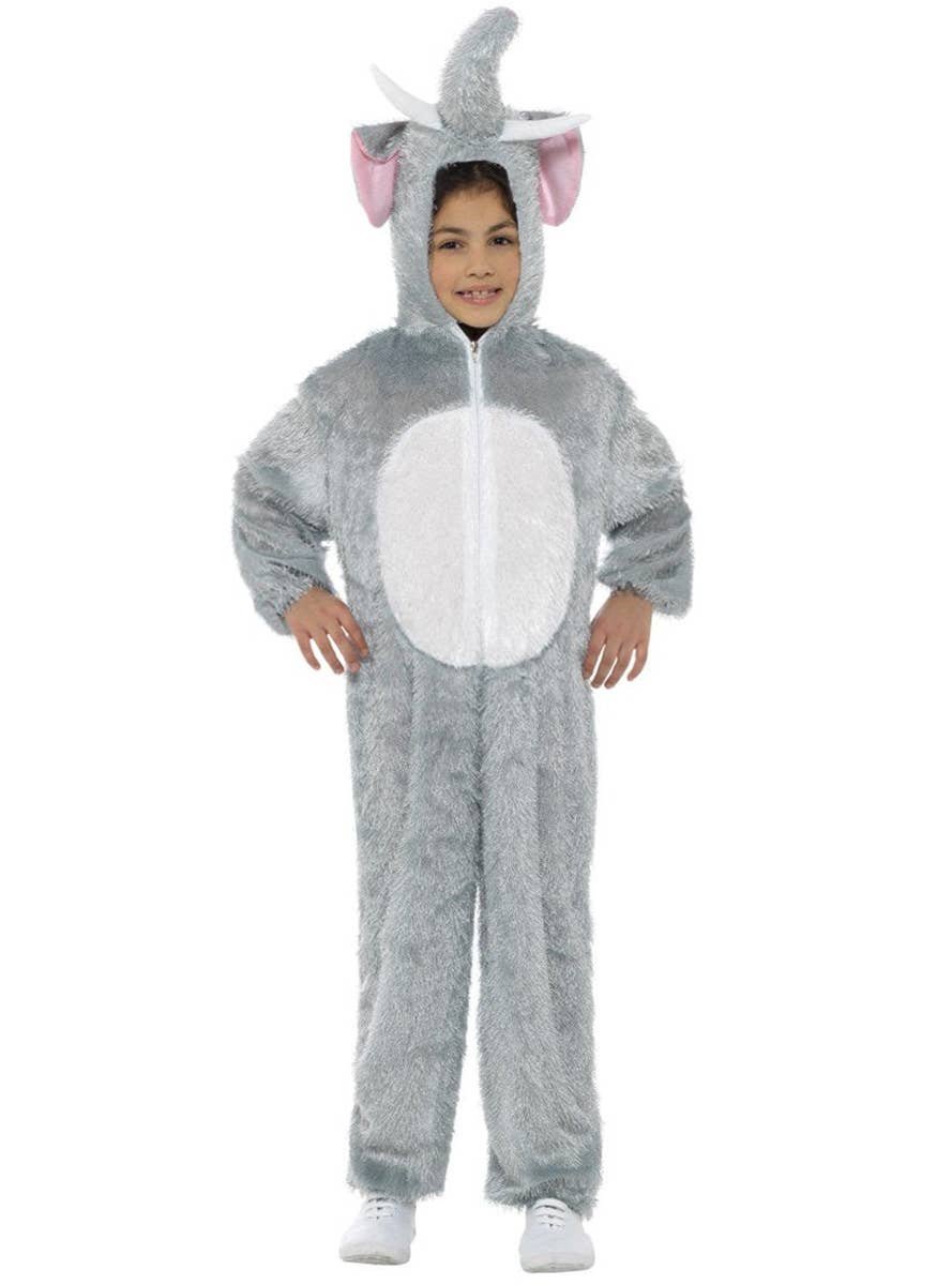 Kid's Fuzzy Grey Elephant Animal Onesie Costume Main View