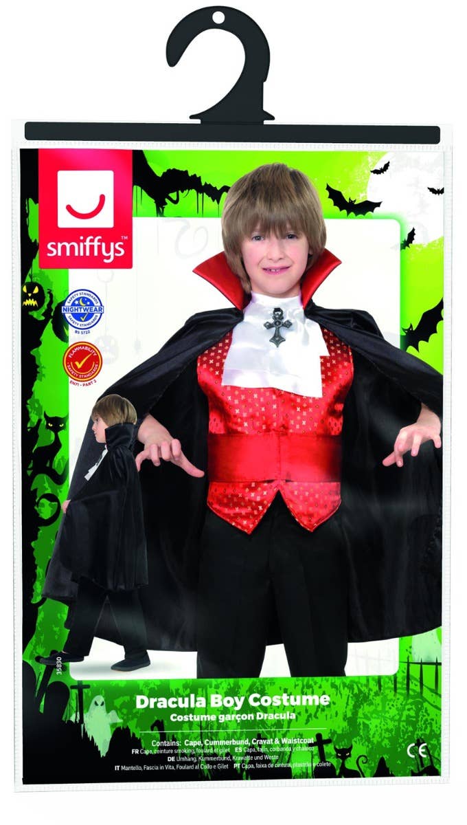 Boy's Red And Black Dracula Vampire Fancy Dress Costume For Halloween Packaging Image