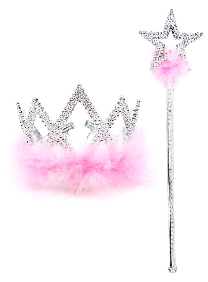 Silver Princess Crown and Wand Accessory Set with Pink Feather