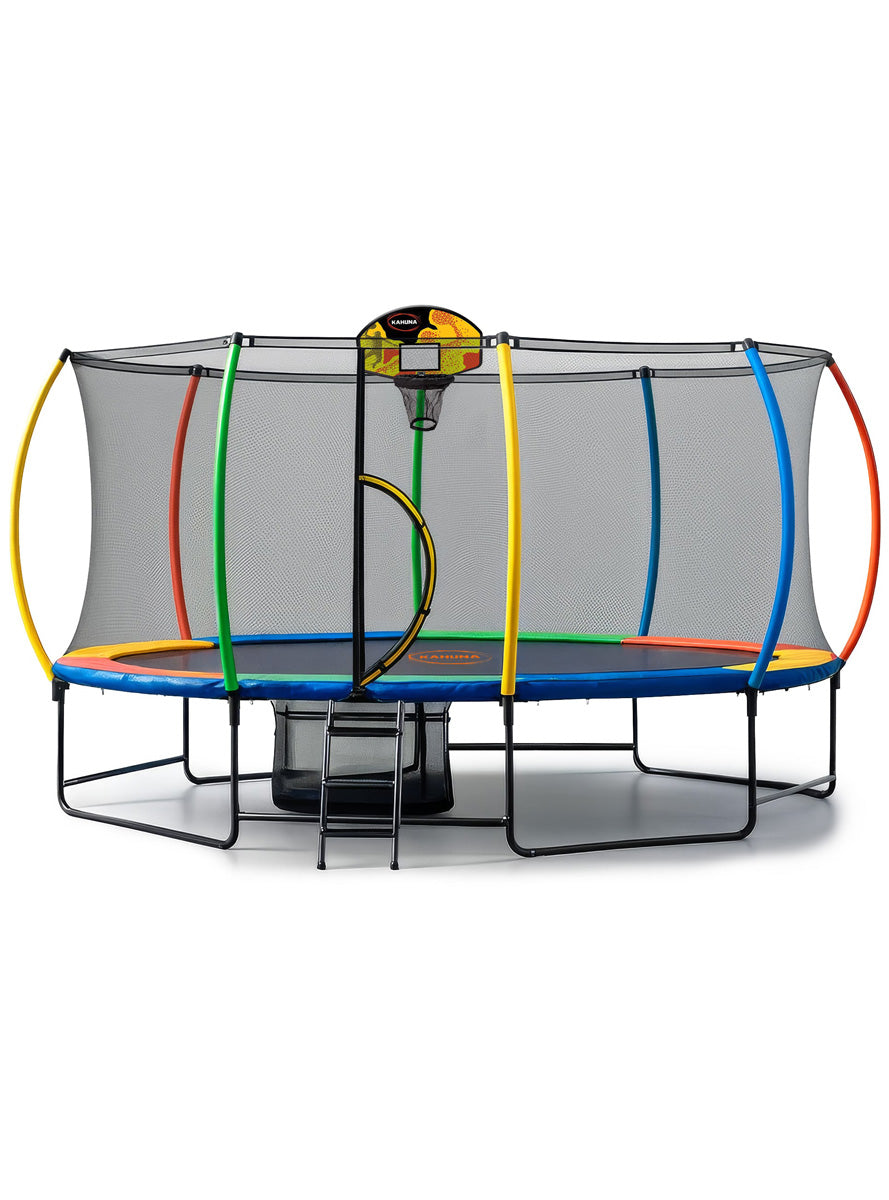 Kahuna 10ft by 15ft Oval Trampoline with Reversible Orange and Rainbow Padding Safety Net Basketball Hoop Main Image