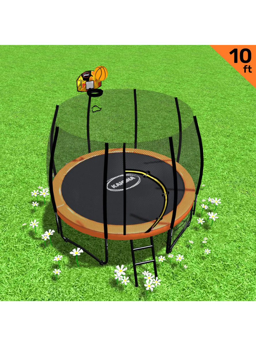 Kahuna 10ft Round Springless Trampoline with Safety Net Orange Padding Basketball Hoop Info Image 1
