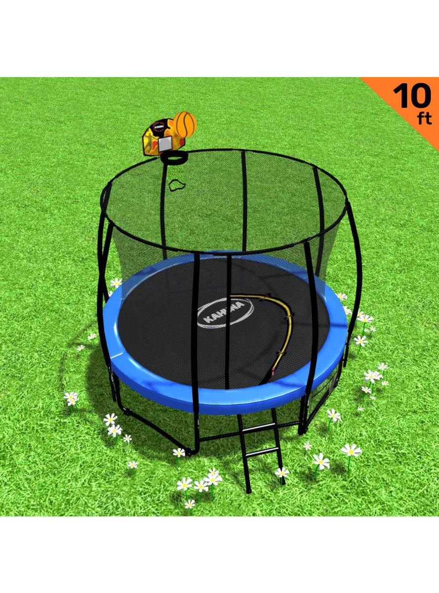 Kahuna 10ft Round Trampoline with Blue Padding Safety Net Basketball Hoop Info Image 1