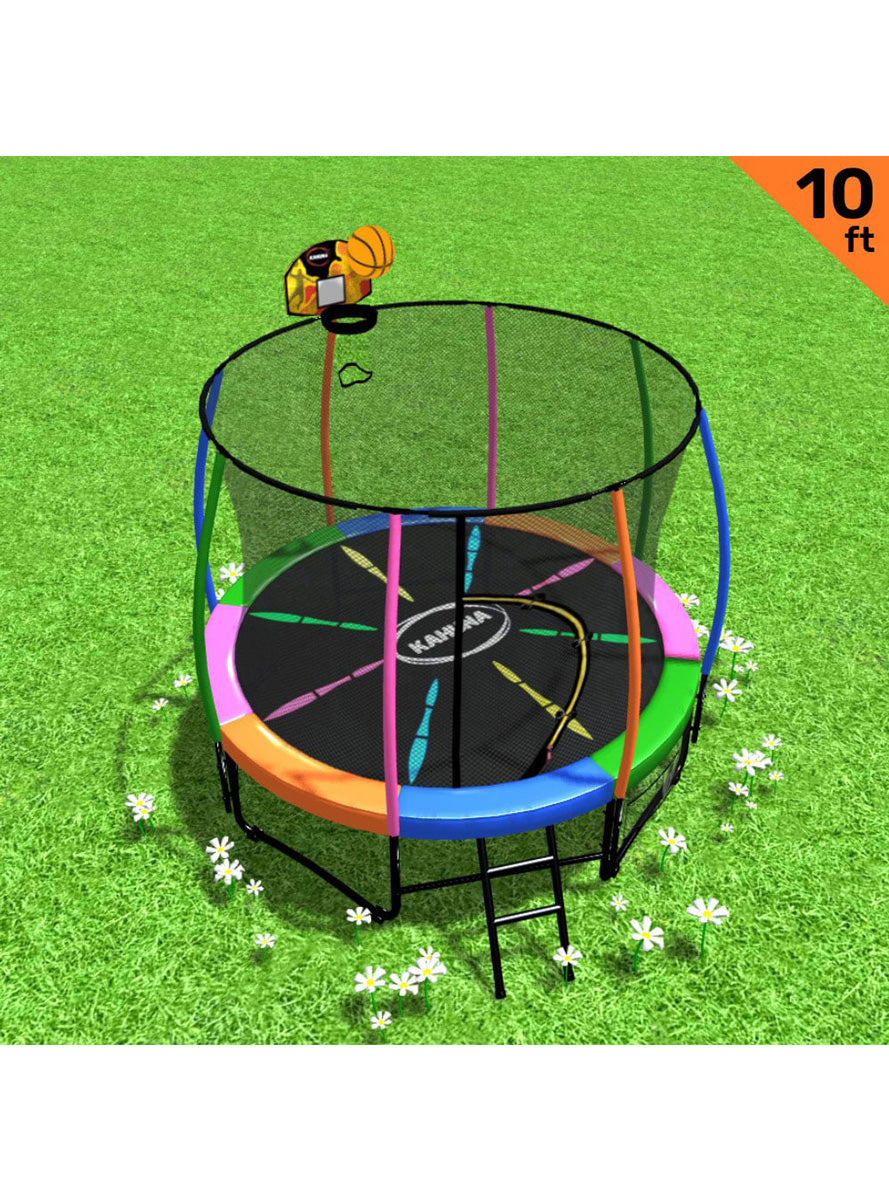 Kahuna 10ft Round Trampoline with Rainbow Padding Safety Net Basketball Hoop Info Image 1