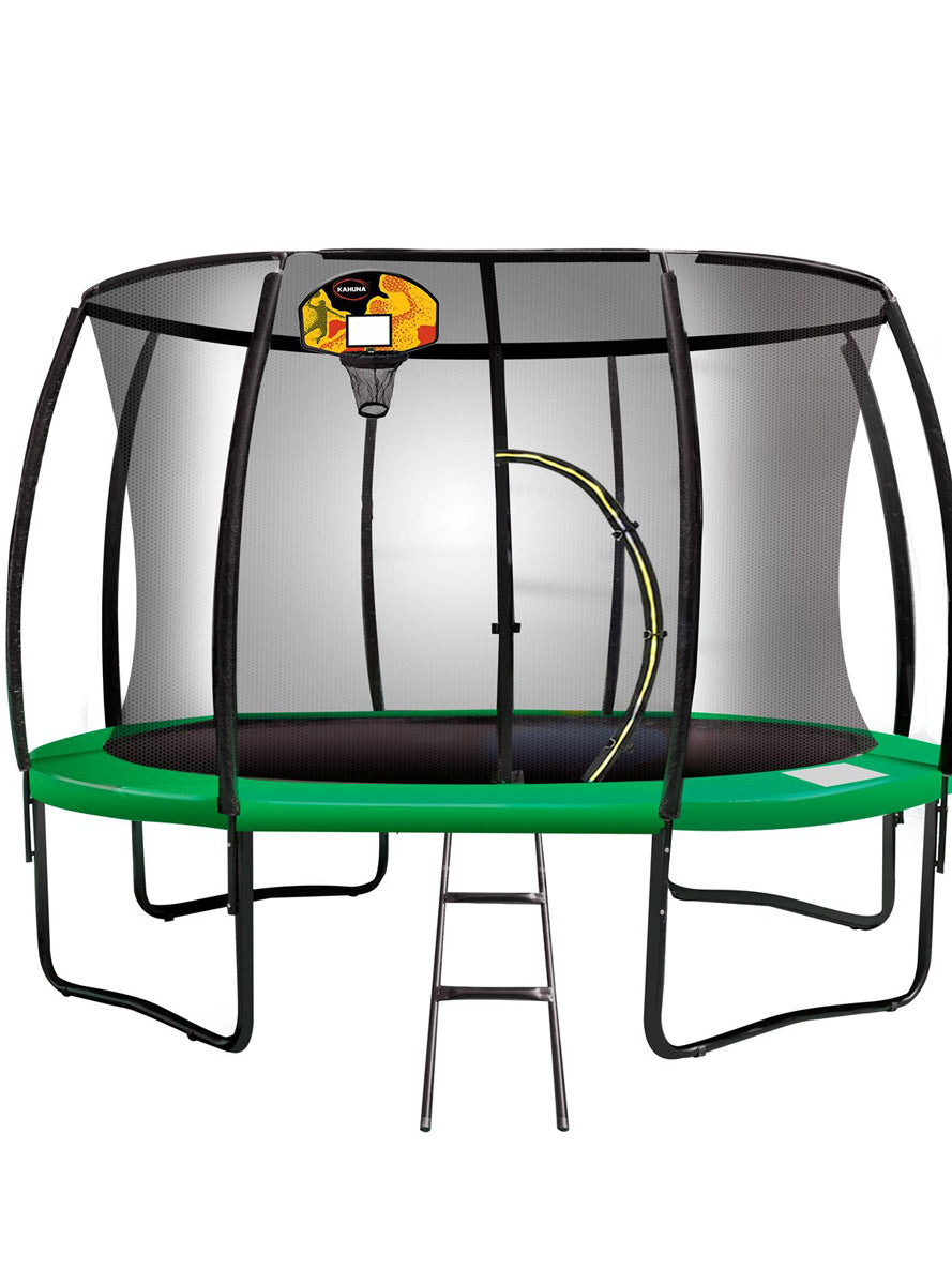Kahuna 12 Foot Round Trampoline With Green Padding And Basketball Hoop Main Image