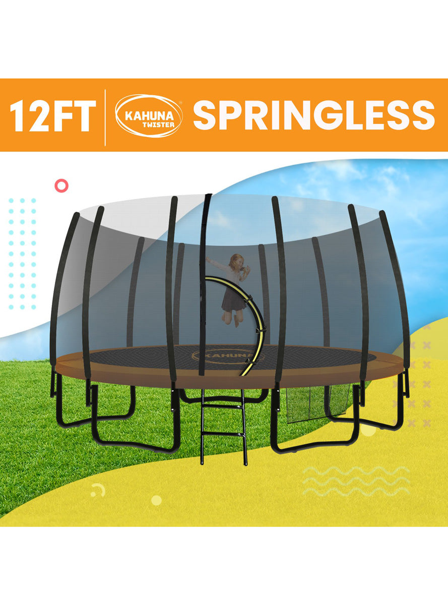 Kahuna 12ft Round Springless Trampoline with Safety Net and Orange Padding Info Image 1