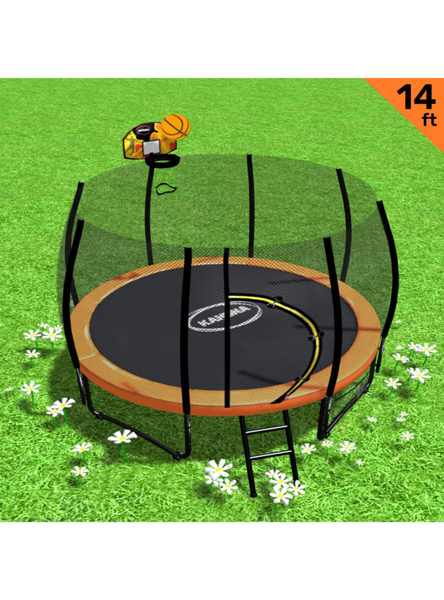 Kahuna 14ft Round Springless Trampoline with Safety Net Orange Padding Basketball Hoop Info Image 1