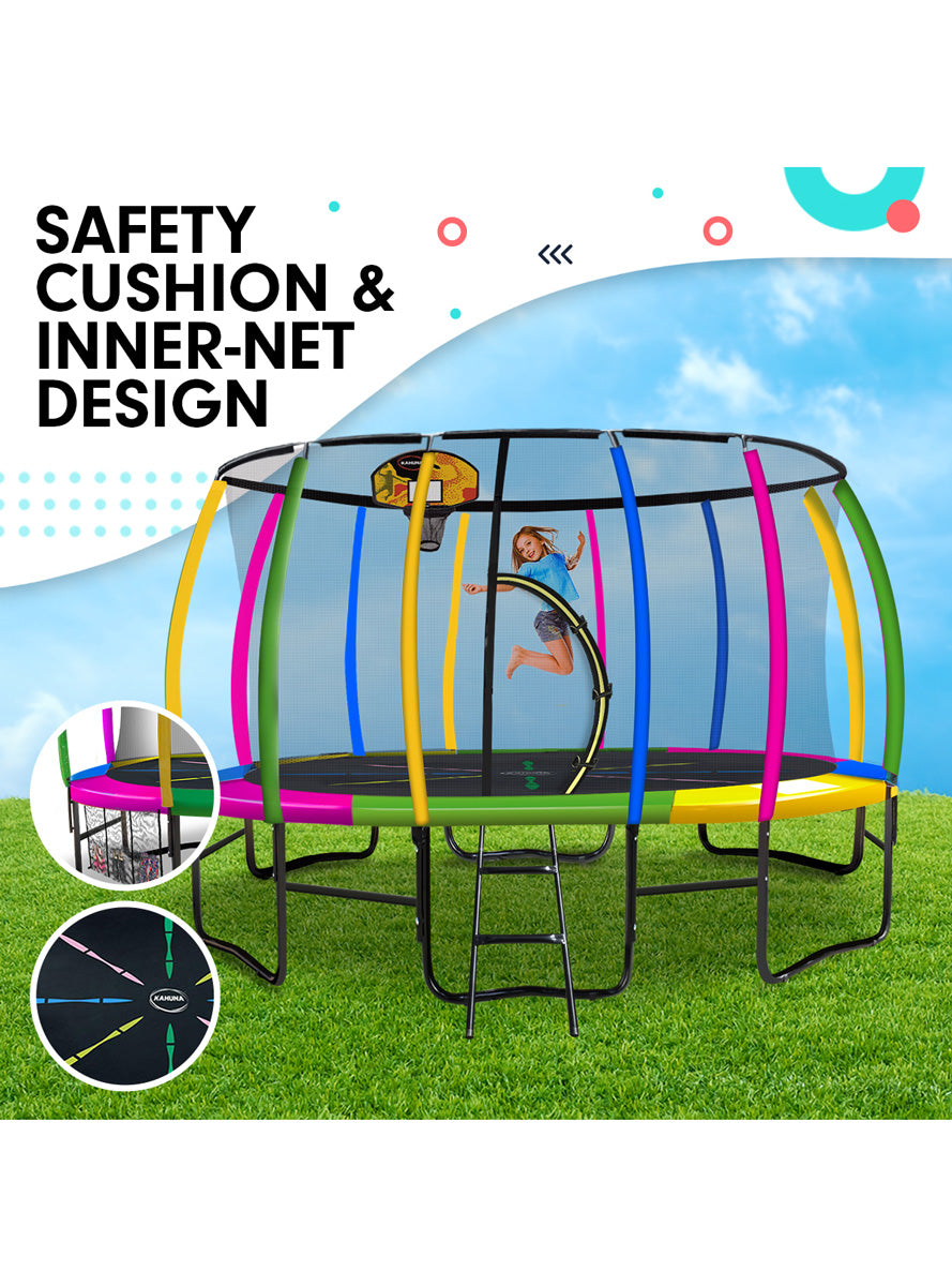 Kahuna 14ft round trampoline with rainbow padding, safety net and basketball hoop - info image 3