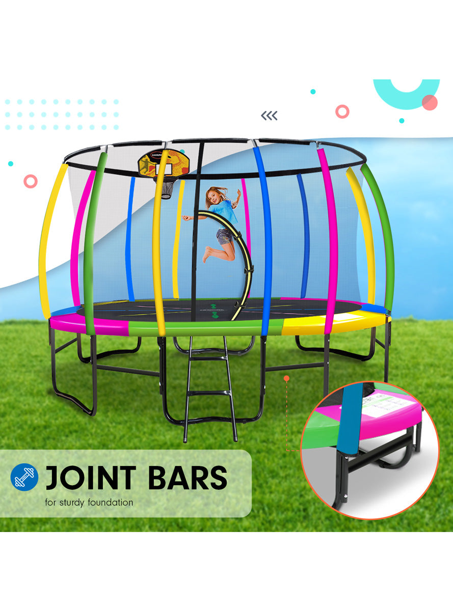 Kahuna 14ft round trampoline with rainbow padding, safety net and basketball hoop - info image 4