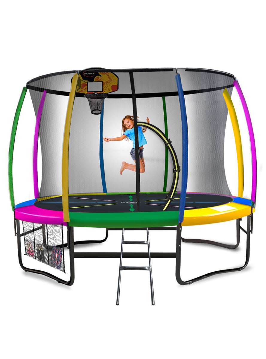Kahuna 14ft round trampoline with rainbow padding, safety net and basketball hoop - main image