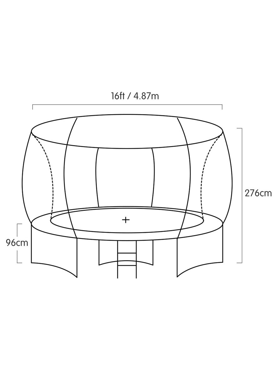 Kahuna 16ft round trampoline with green padding, safety net and basketball hoop - dimensions image