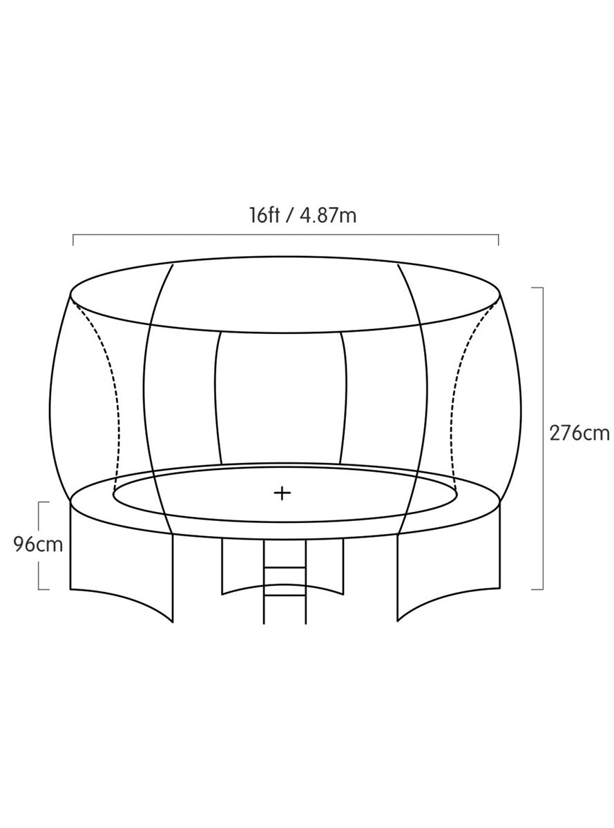 Kahuna 16ft round trampoline with orange padding and safety net - dimensions image