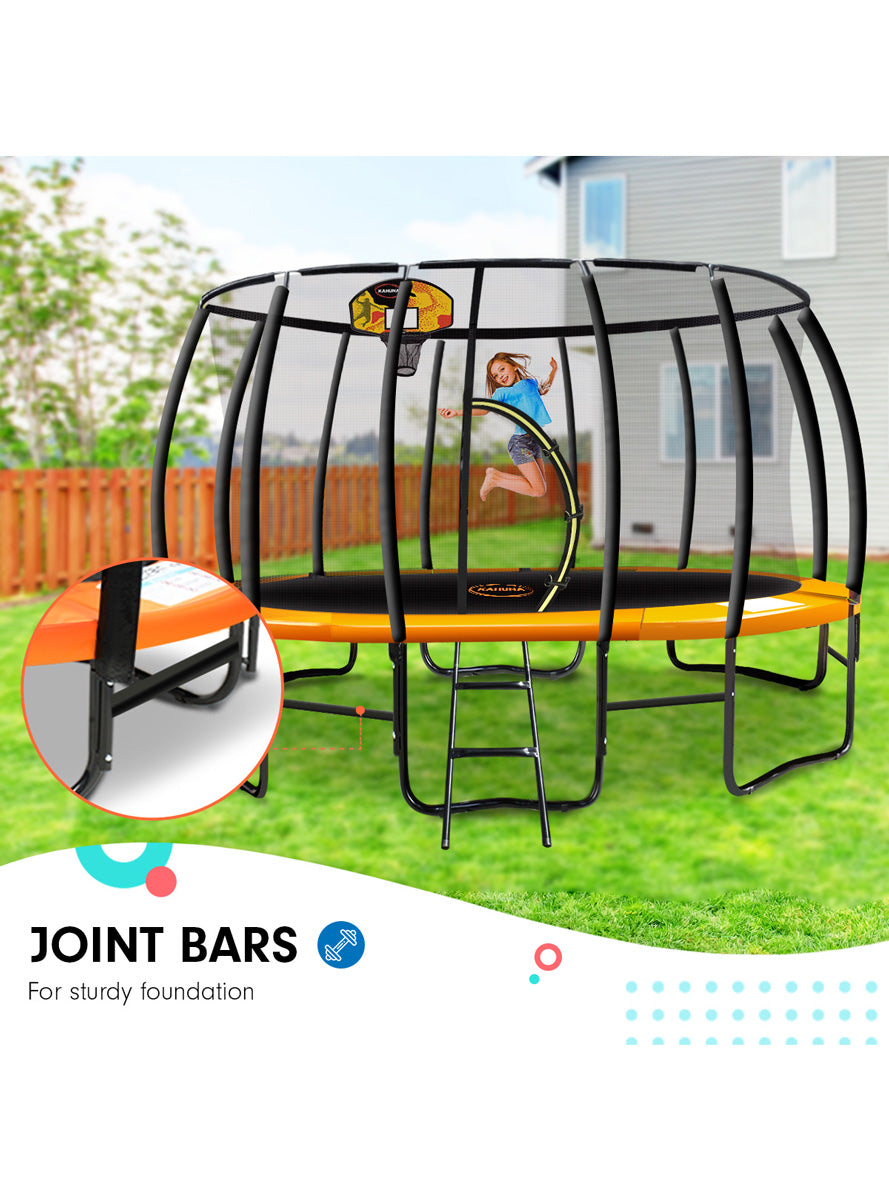 Kahuna 16ft round trampoline with orange padding, safety net and basketball hoop - info image 2