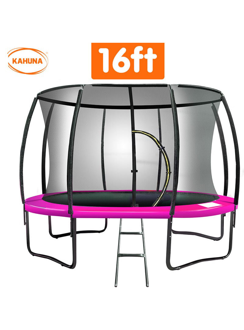 Kahuna 16ft round trampoline with pink padding and safety net - info image 2