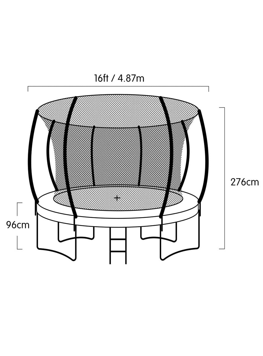 Kahuna 16ft round trampoline with pink padding, safety net and basketball hoop - dimensions image