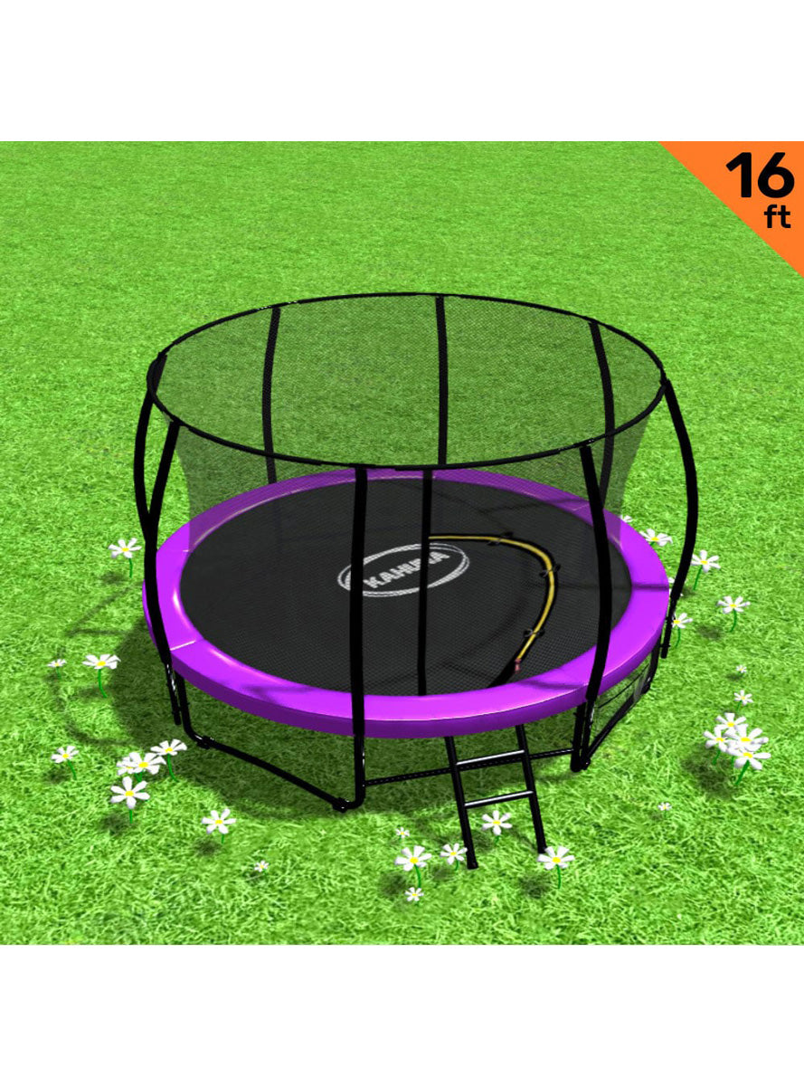 Kahuna 16ft round trampoline with purple padding and safety net - info image 1