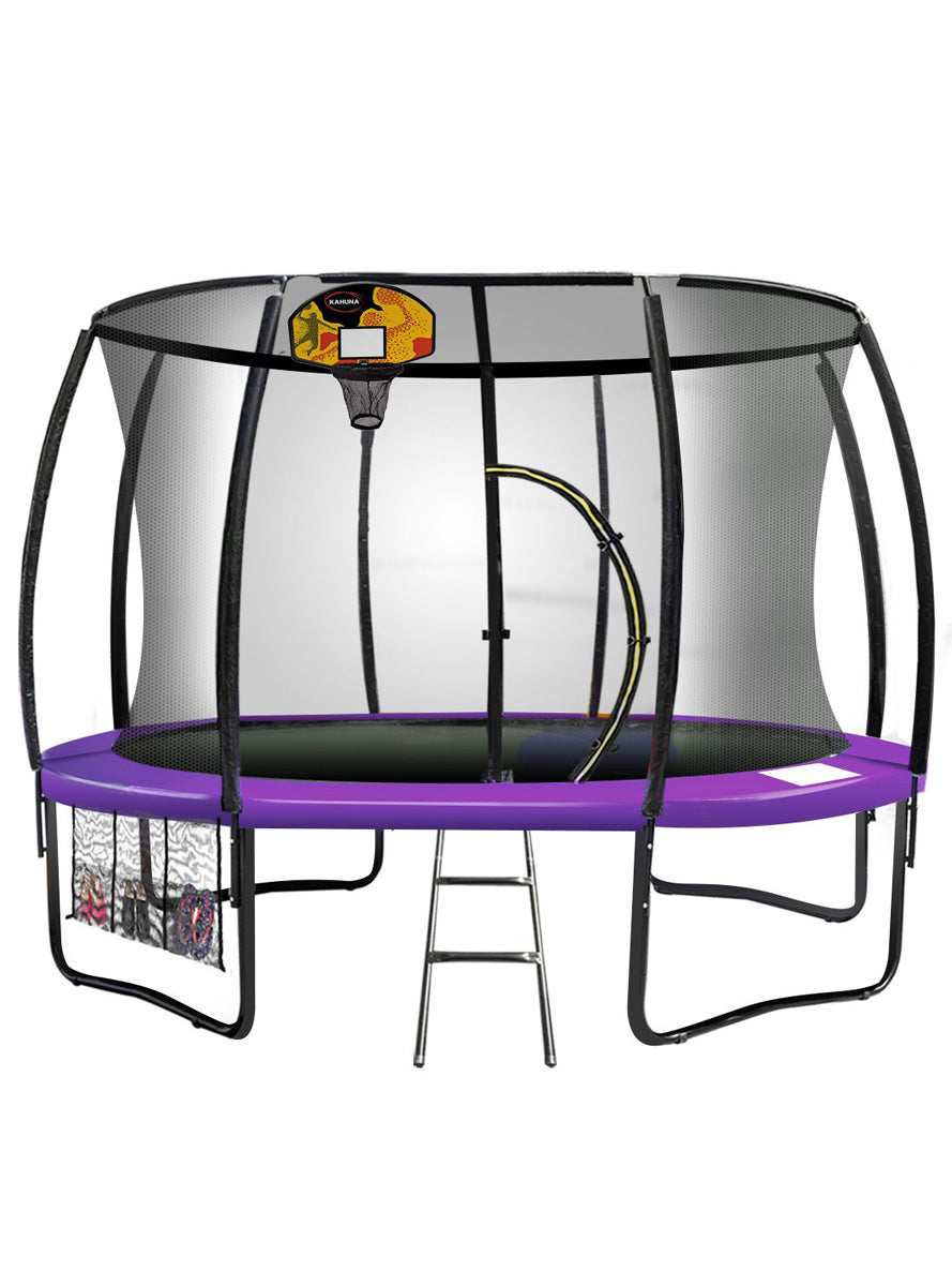 Kahuna 16ft round trampoline with purple padding, safety net and basketball hoop - main image