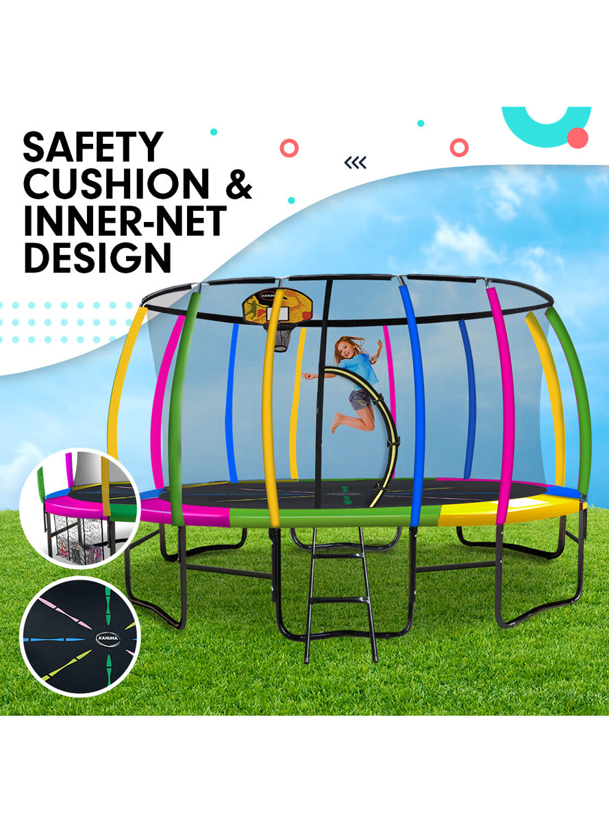 Kahuna 16ft round trampoline with rainbow padding, safety net and basketball hoop - info image 4