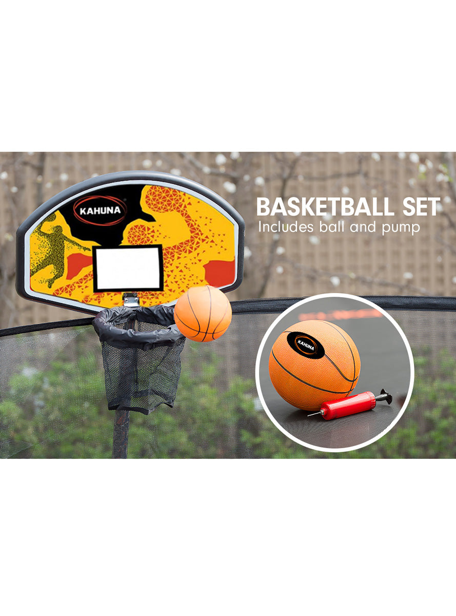 Kahuna 16ft round trampoline with rainbow padding, safety net and basketball hoop - info image 5