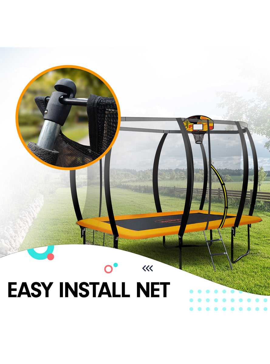 Kahuna 6ft by 9ft rectangular trampoline with rainbow padding, safety net and basketball hoop - info image 7