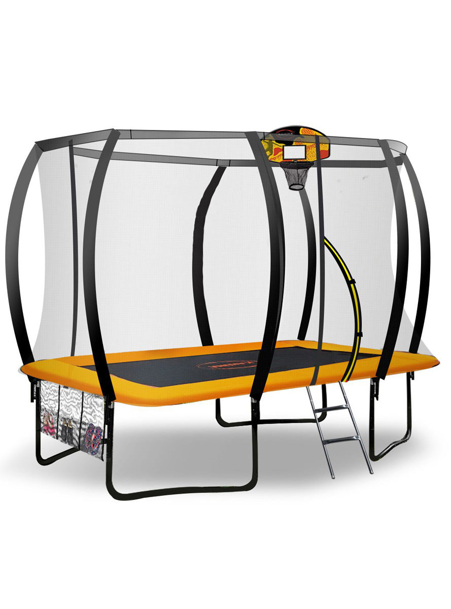 Kahuna 8ft by 11ft rectangular trampoline with basketball hoop, safety net and orange padding - main image