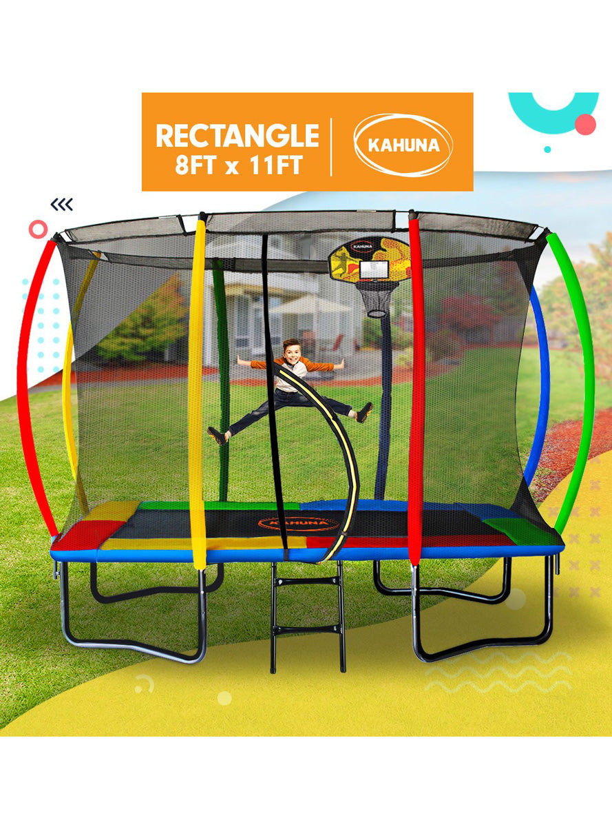 Kahuna 8ft by 11ft rectangular trampoline with basketball hoop, safety net and rainbow padding - info image 1