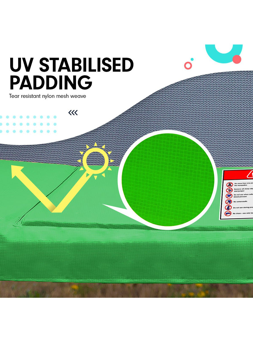 Kahuna 8ft by 11ft rectangular trampoline with basketball hoop, safety net and rainbow padding - info image 2