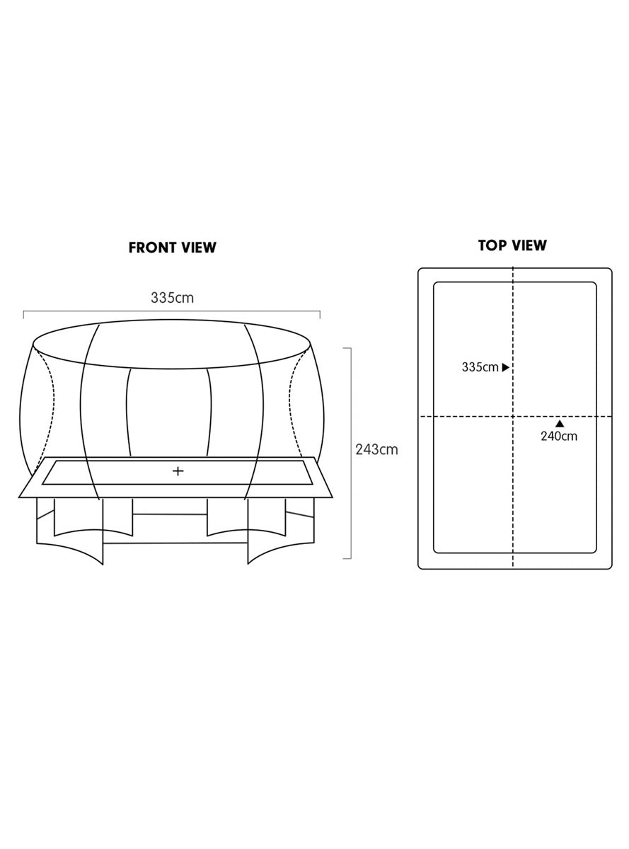 Kahuna 8ft by 11ft rectangular trampoline with net and orange padding - dimensions image