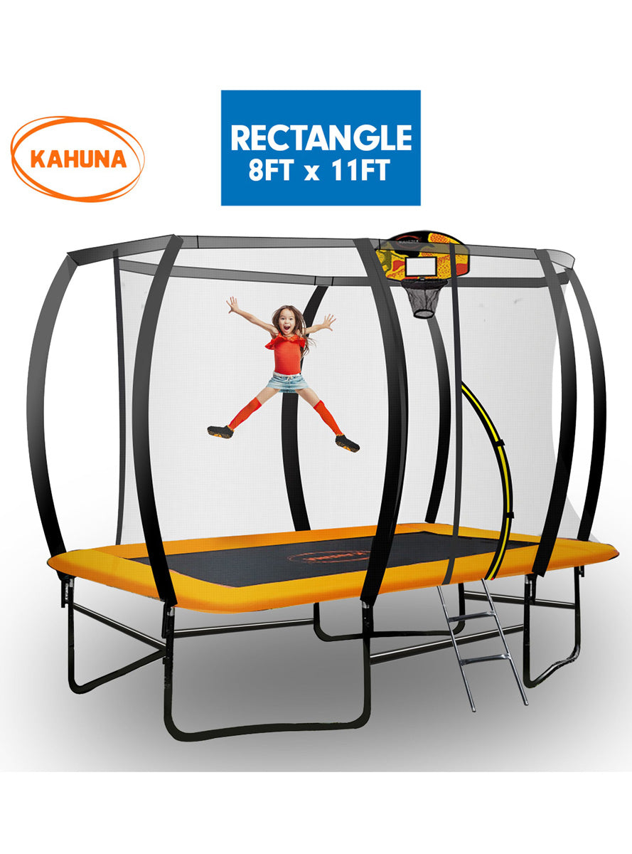 Kahuna 8ft by 11ft rectangular trampoline with net and orange padding - info image 1