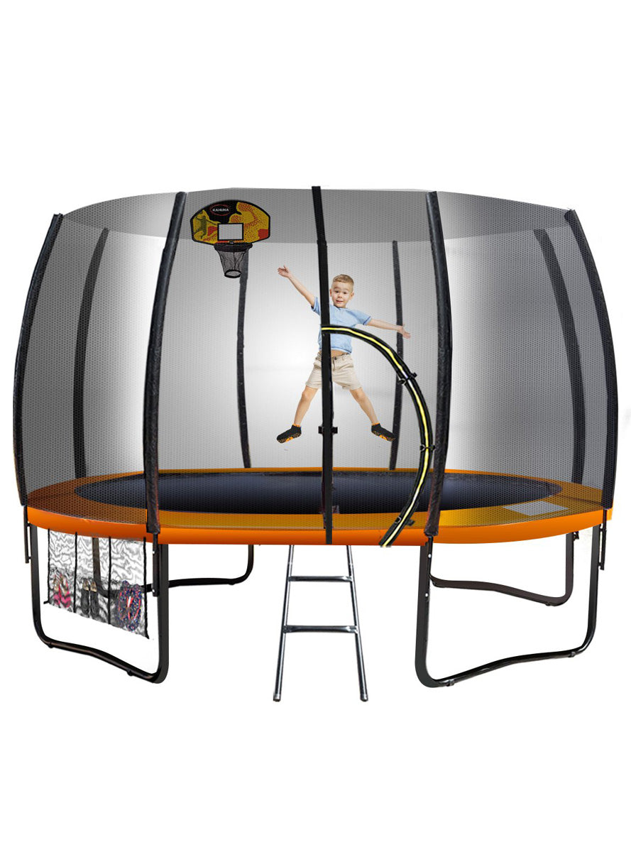 Kahuna 8ft round springless trampoline with safety net, orange padding and basketball hoop - main image