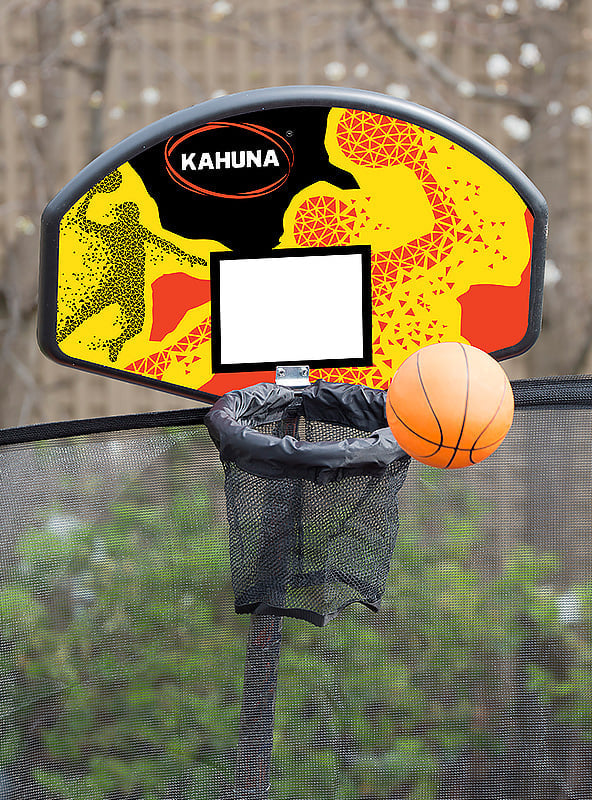 Kahuna 8ft round trampoline with blue padding, safety net and basketball hoop - image