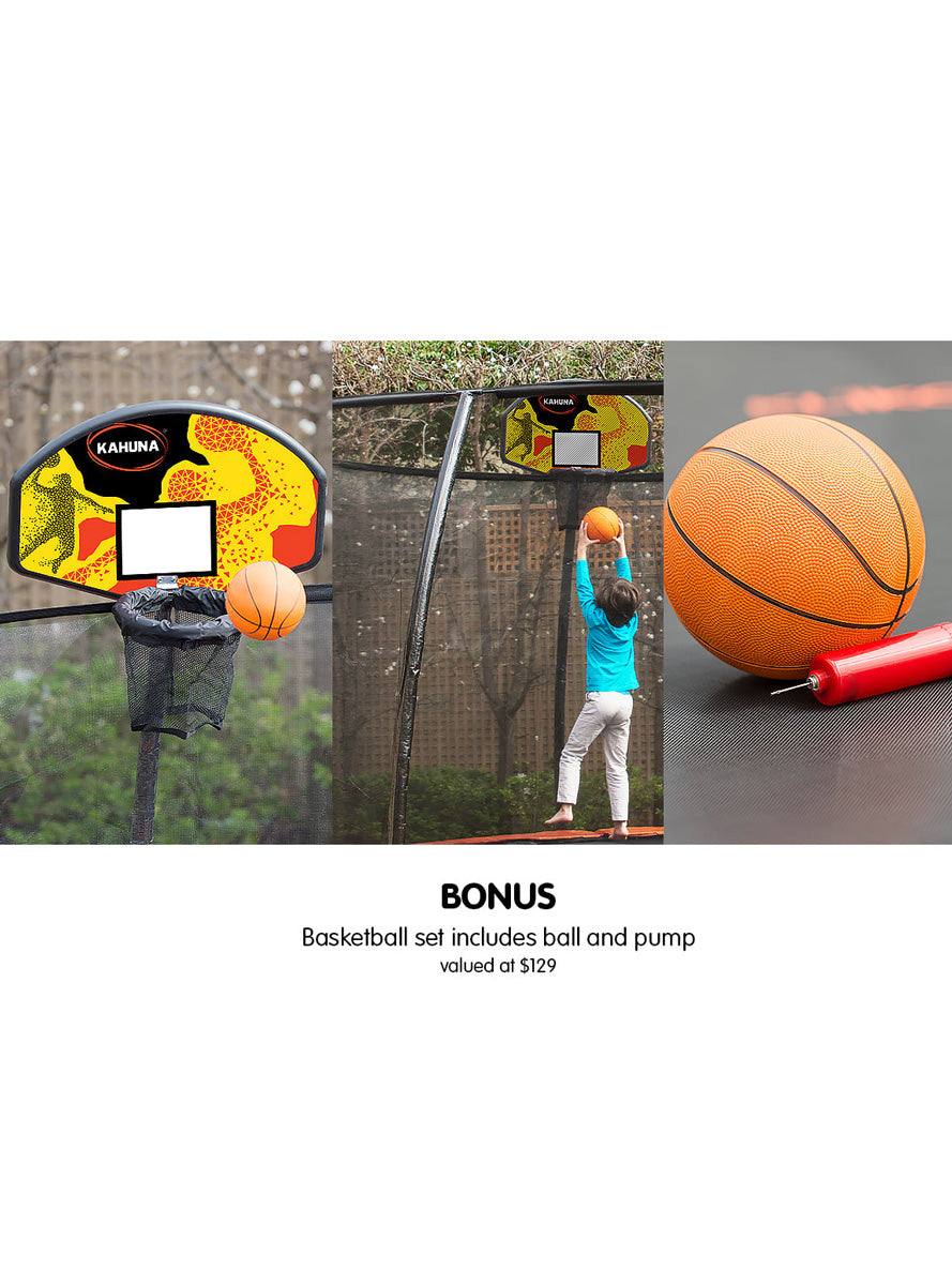 Kahuna 8ft round trampoline with blue padding, safety net and basketball hoop - info image 3