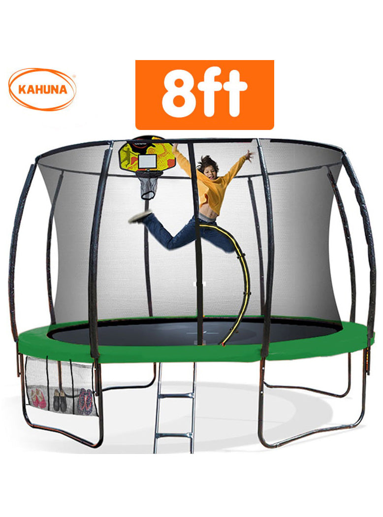 Kahuna 8ft round trampoline with green padding, safety net and basketball hoop - info image 2