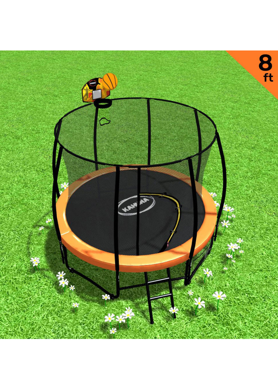 Kahuna 8ft round trampoline with orange padding, safety net and basketball hoop - info image 2