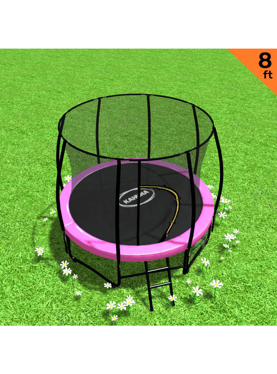 Kahuna 8ft round trampoline with pink padding and safety net - info image 1