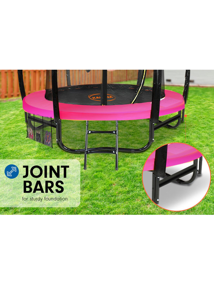 Kahuna 8ft round trampoline with pink padding and safety net - info image 3