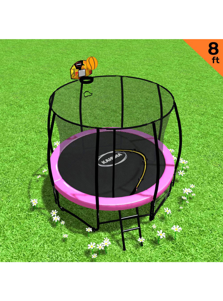 Kahuna 8ft round trampoline with pink padding, safety net and basketball hoop - info image 1