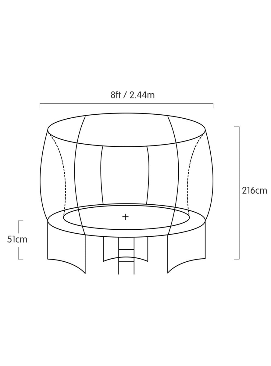 Kahuna 8ft round trampoline with purple padding, safety net and basketball hoop - dimensions image