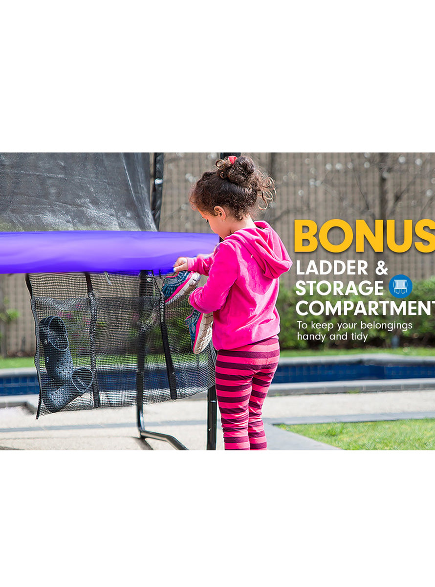 Kahuna 8ft round trampoline with purple padding, safety net and basketball hoop - info image 5