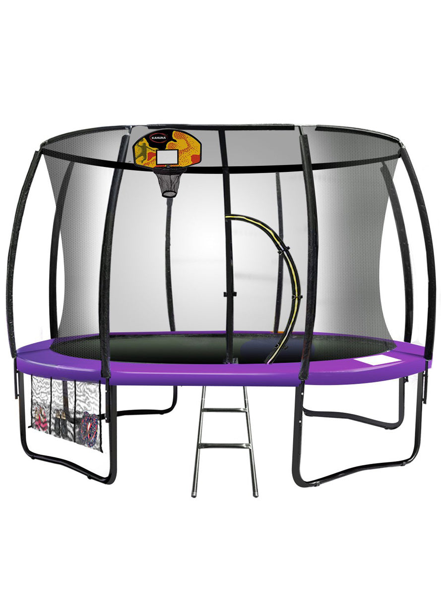 Kahuna 8ft round trampoline with purple padding, safety net and basketball hoop - main image