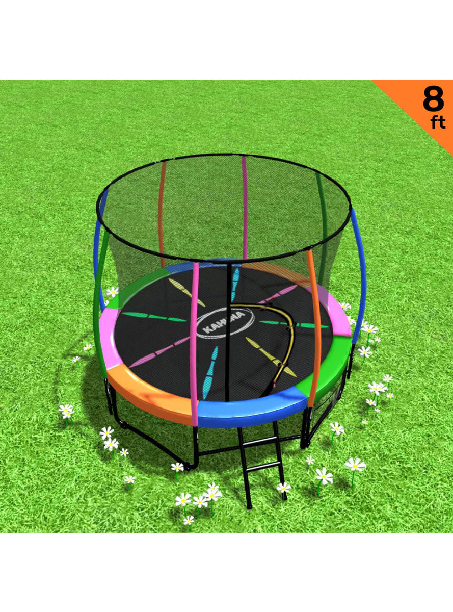 Kahuna 8ft round trampoline with rainbow padding and safety net - info image 1
