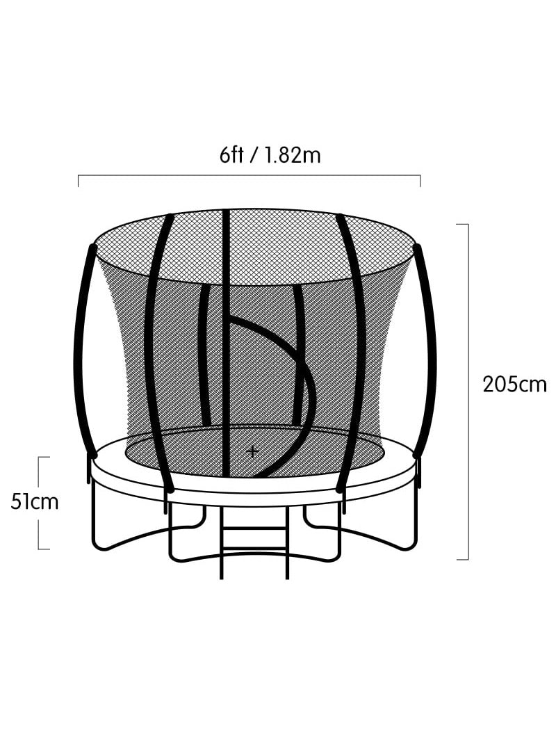 Kahuna classic 6ft round trampoline with rainbow padding, basketball hoop and safety net - dimensions image