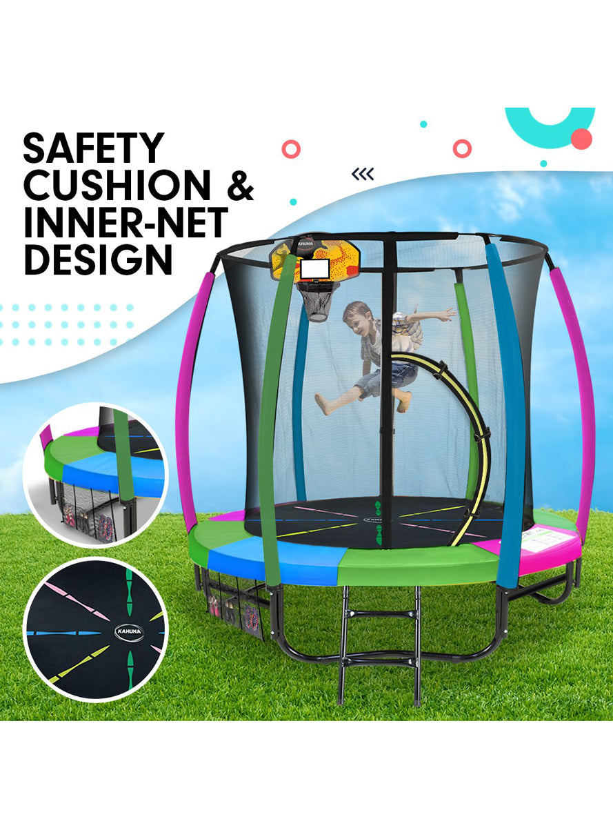 Kahuna classic 6ft round trampoline with rainbow padding, basketball hoop and safety net - info image 4