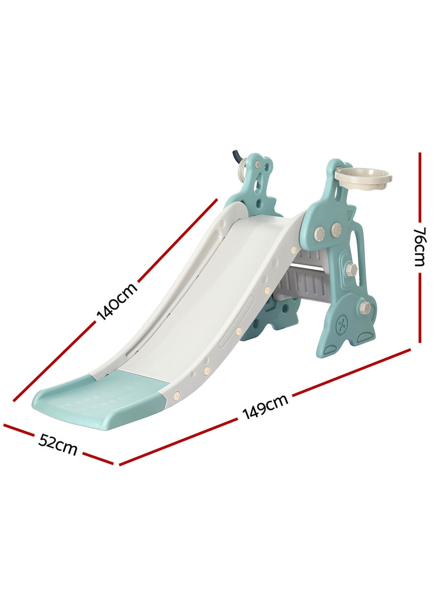 Keezi Kids 140cm Blue And Grey Plastic Slide With Basketball Hoop - Dimensions Image