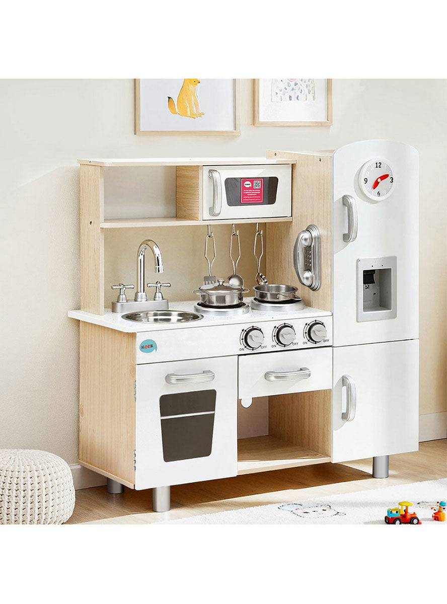 Keezi Kids Beige And White Wooden Kitchen Playset With Clock - Lifestyle Image